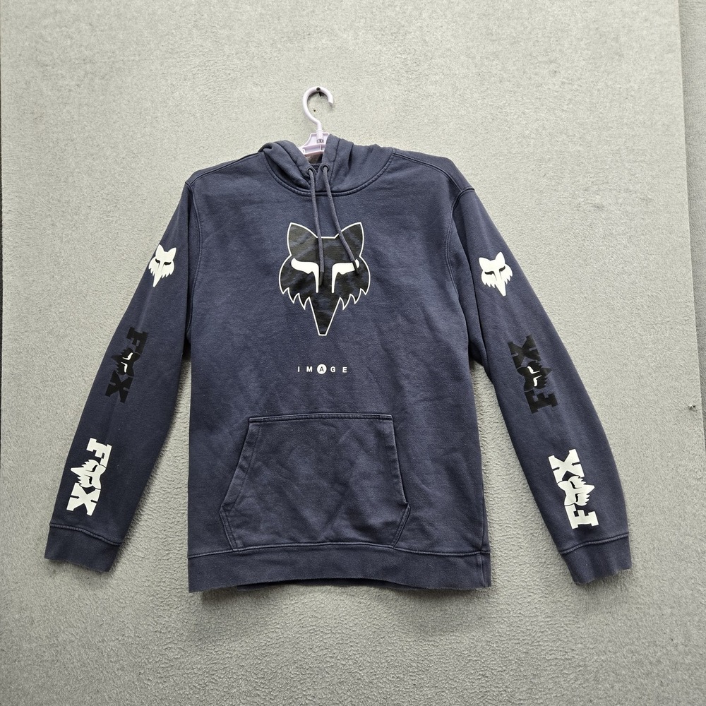Fox Racing Men Hoodie XL Blue Graphic Fleece Fox Logo Nuklr Head Grunge Y2K